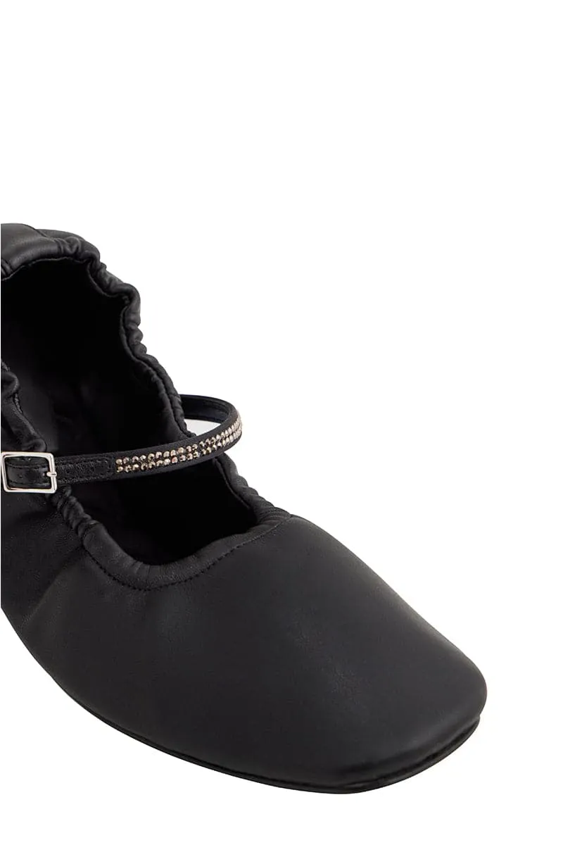 AURORA SILVER CRYSTAL BLACK NAPPA-EFFECT BALLERINA FLATS