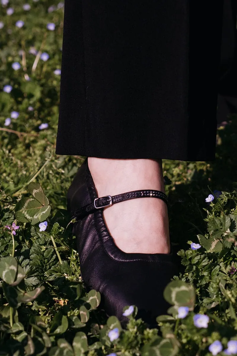 AURORA SILVER CRYSTAL BLACK NAPPA-EFFECT BALLERINA FLATS
