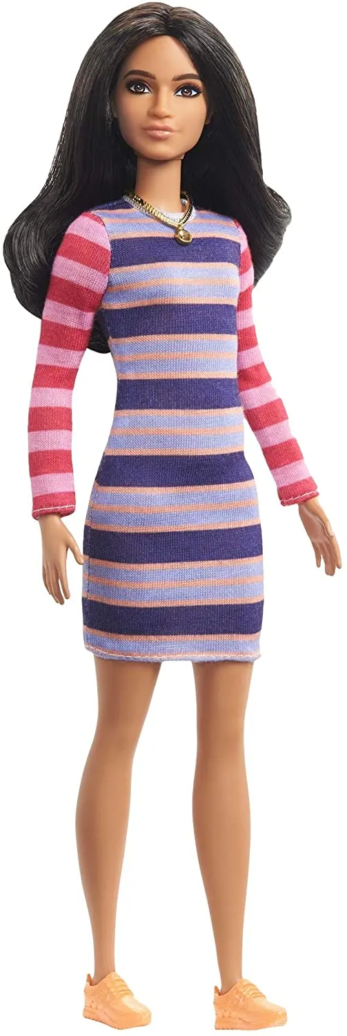 Barbie Fashionistas Doll #147 with Long Brunette Hair Wearing Striped Dress