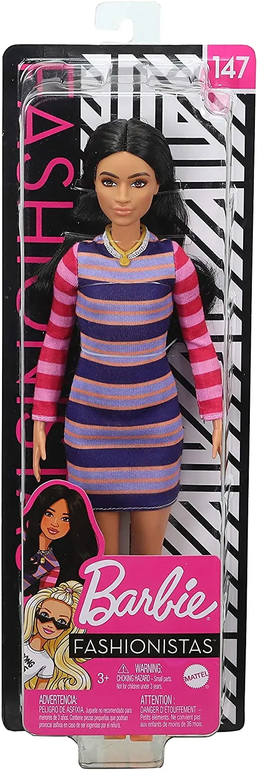 Barbie Fashionistas Doll #147 with Long Brunette Hair Wearing Striped Dress