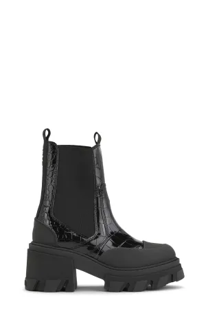 Cleated Heeled Mid Chelsea Boot Patent Croco - Black
