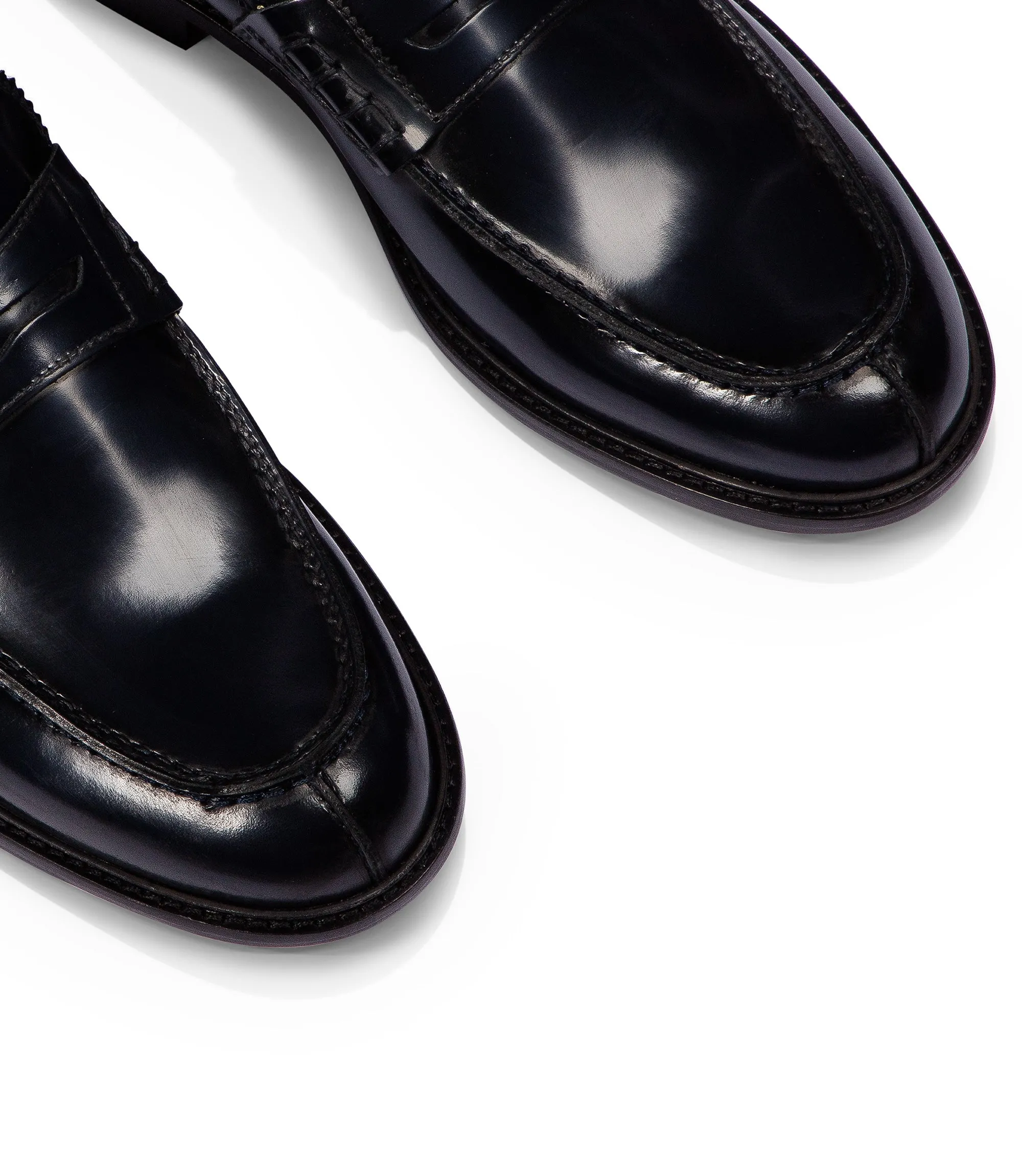 dark blue leather penny loafers
