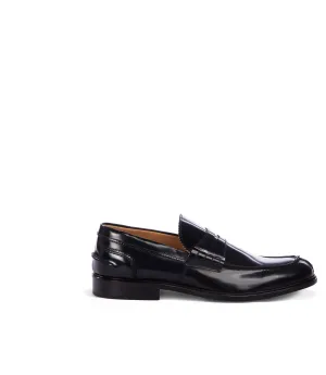 dark blue leather penny loafers