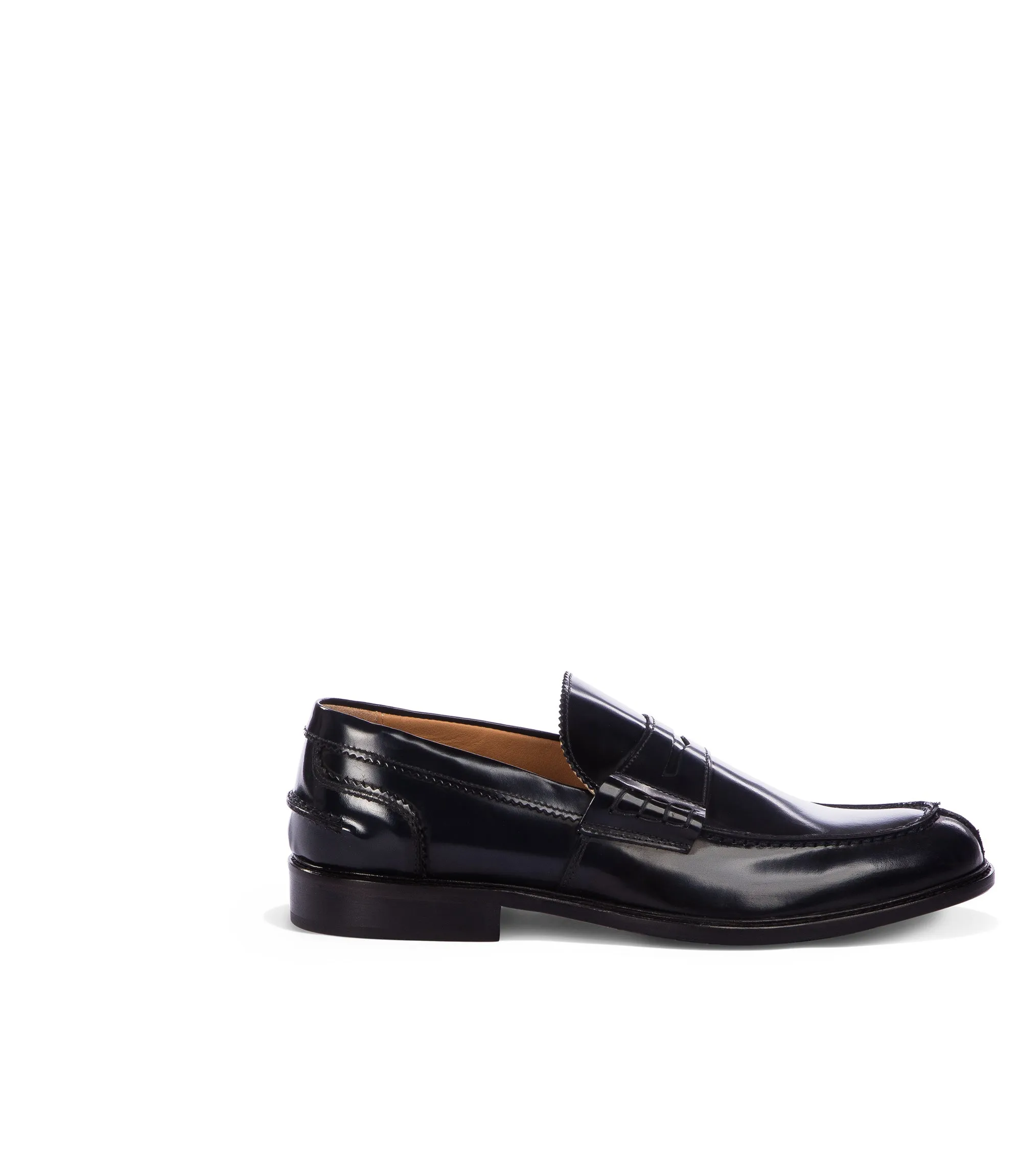 dark blue leather penny loafers