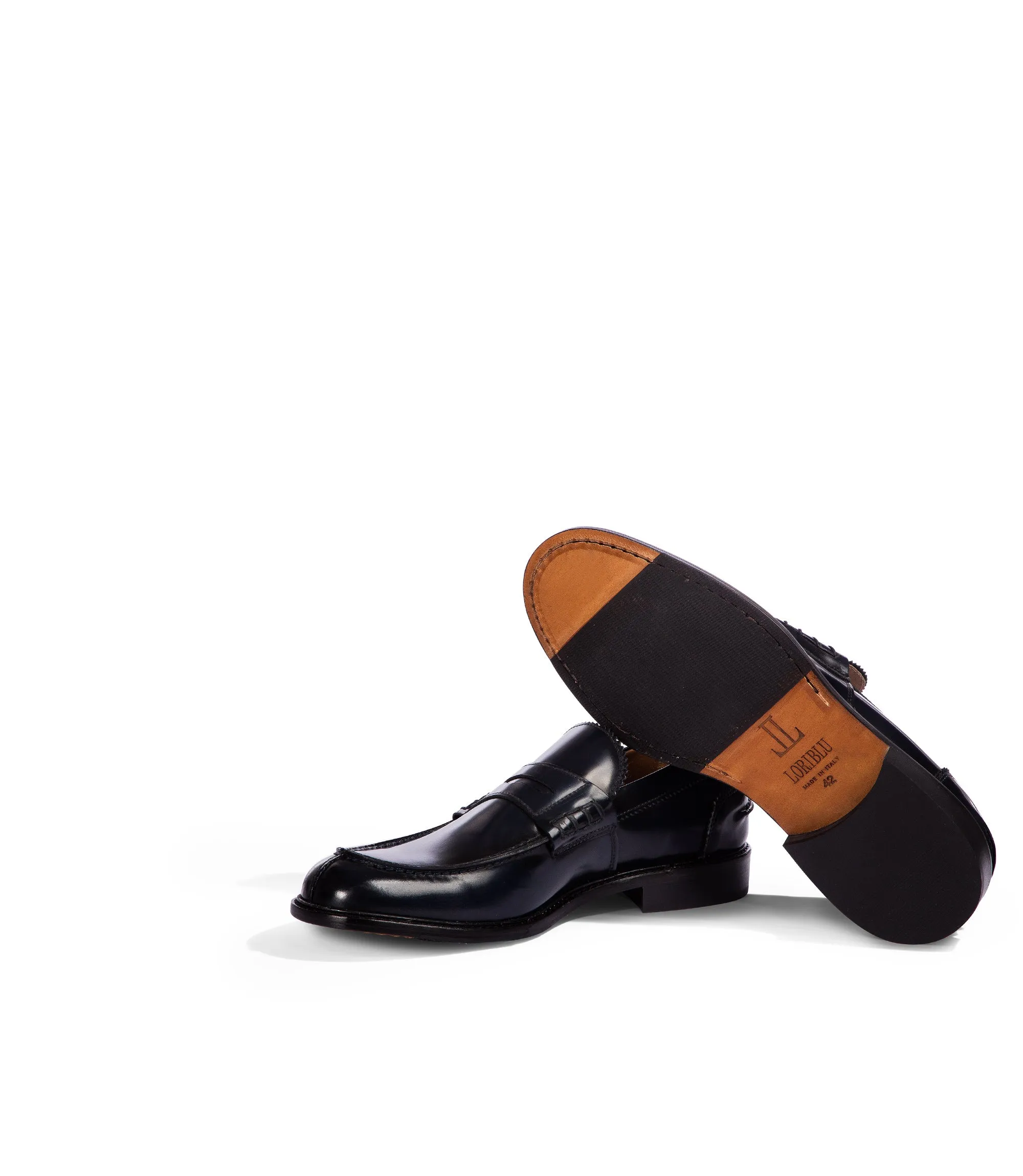 dark blue leather penny loafers