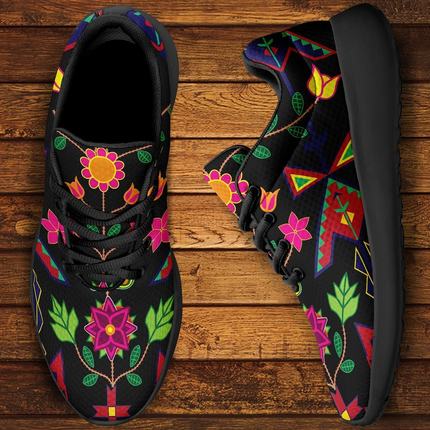 Geometric Floral Spring Black Ikkaayi Sport Sneakers