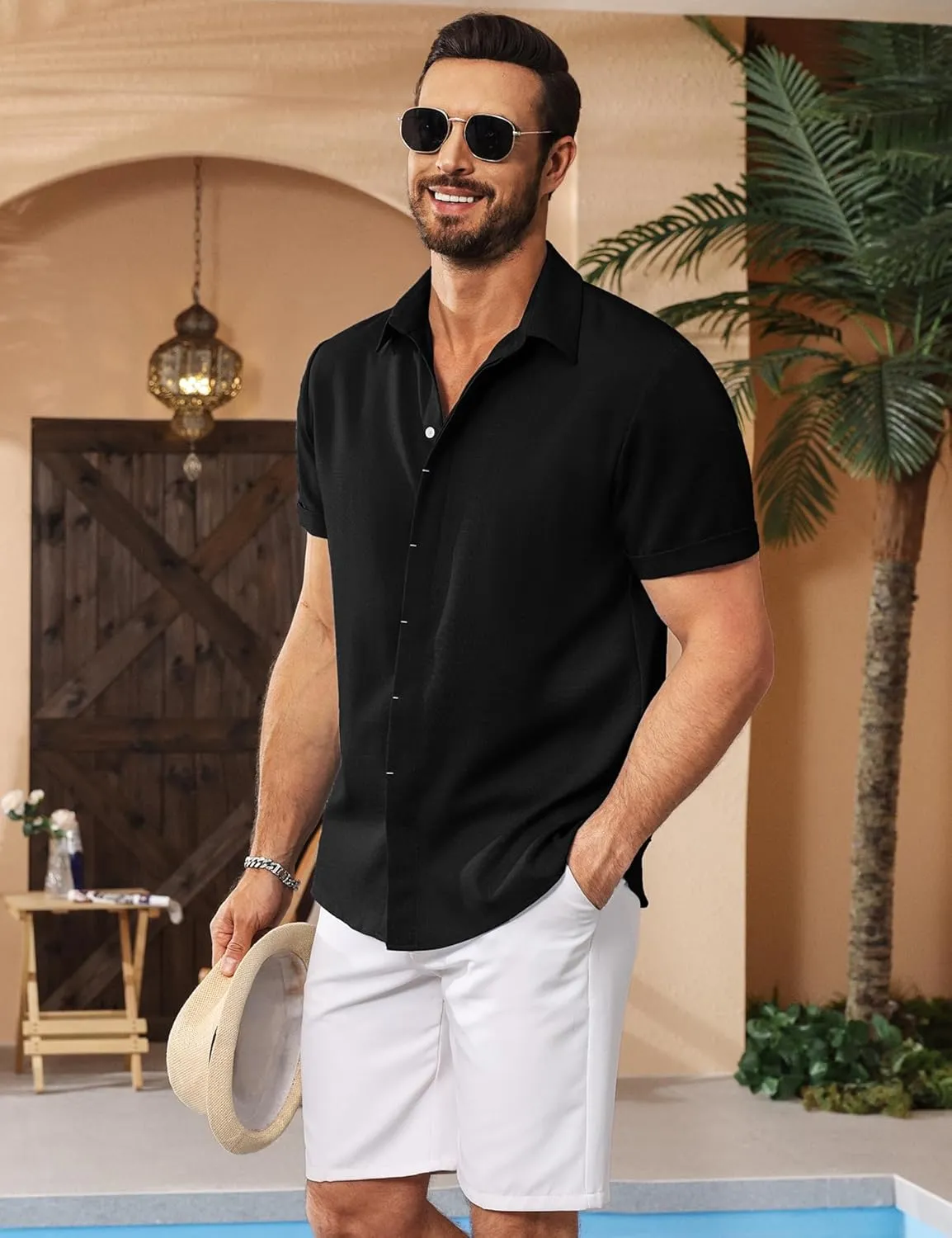 LETSEE Linen Shirts for Men Short Sleeve Button Down Dress Casual Shirt Beach Summer Wedding Hawaiian Outfit