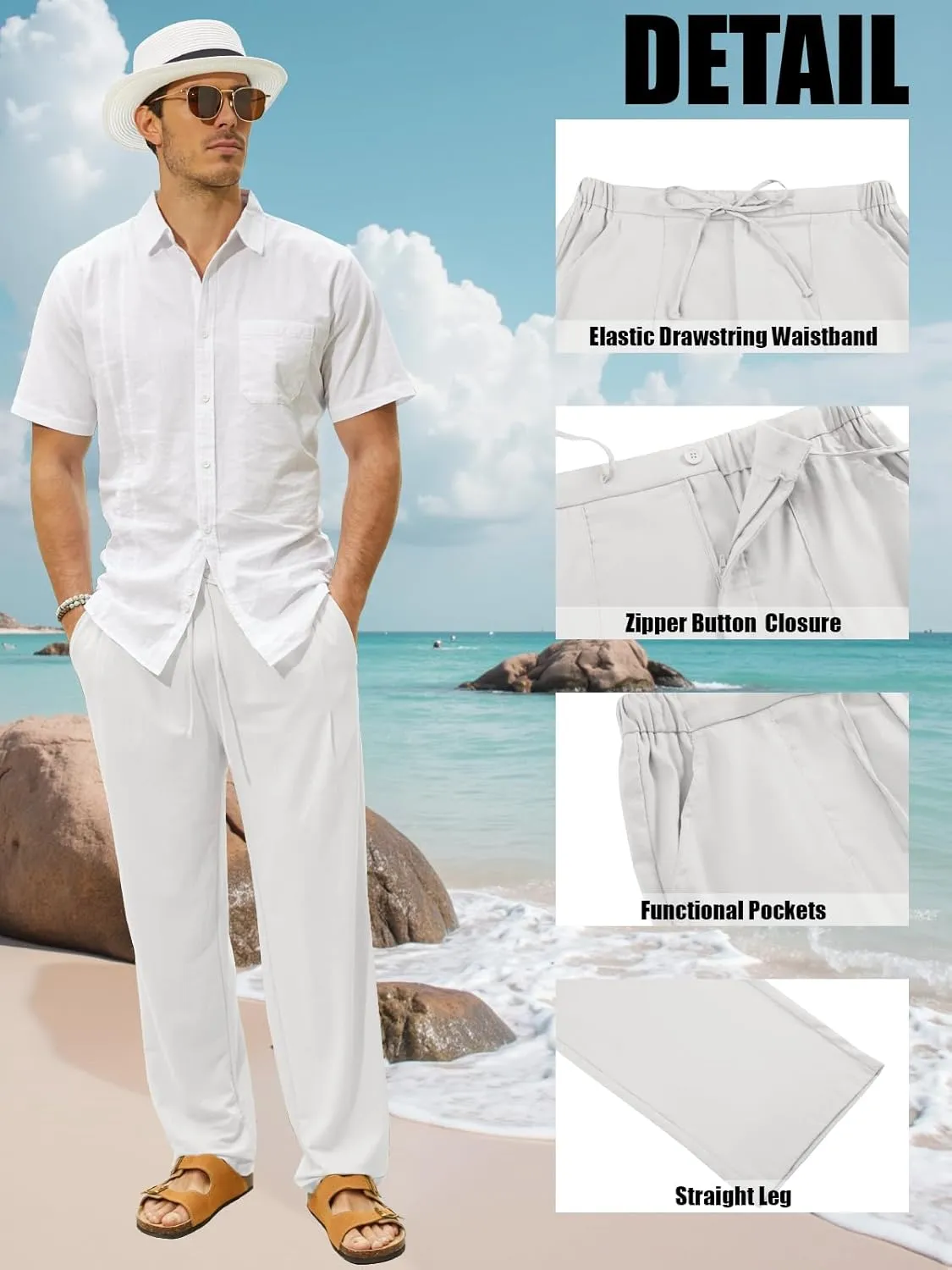 Mens Summer Casual Linen Pants Beach Elastic Drawstring Waistband Loose Fit Slacks with Pockets