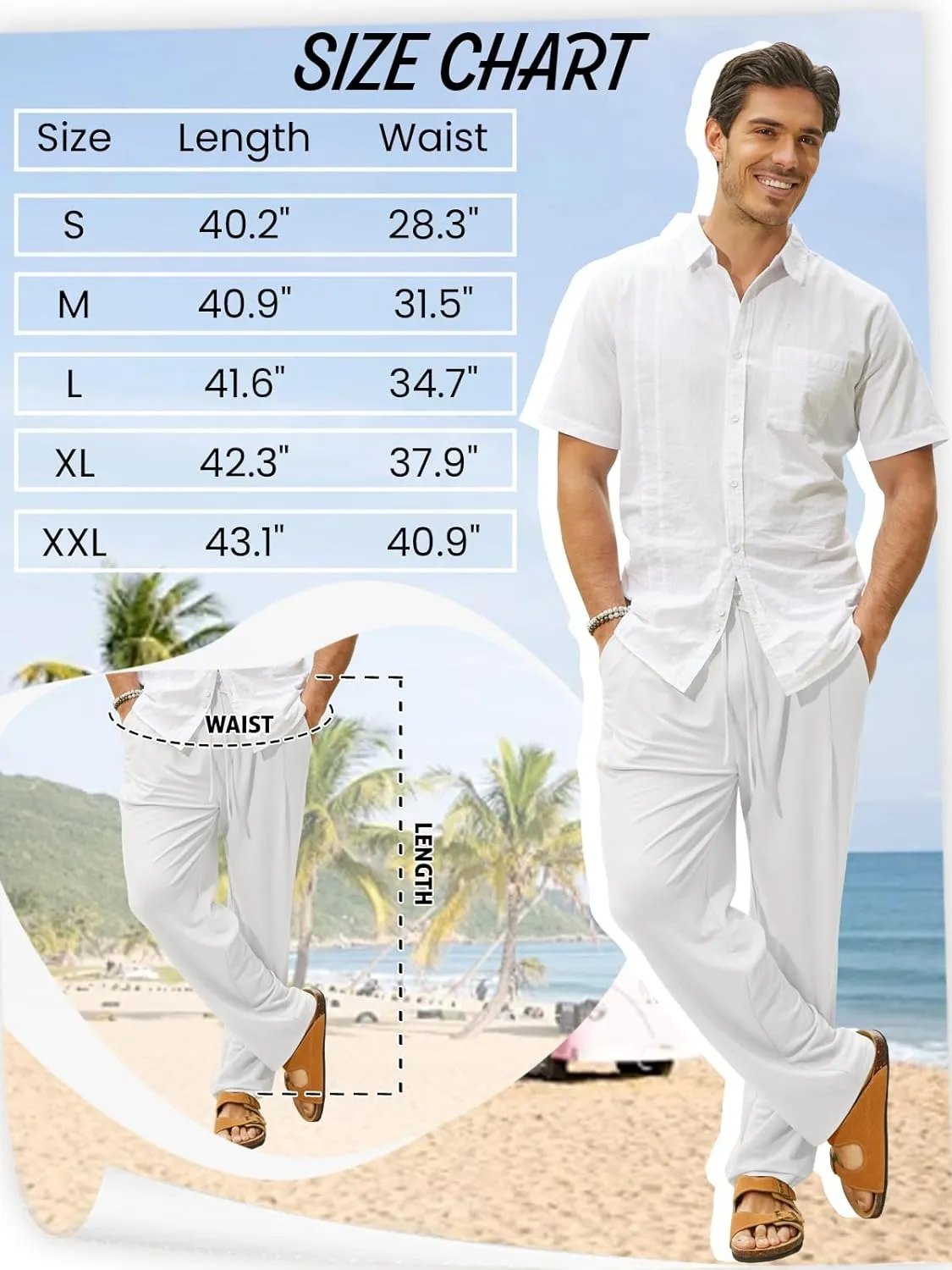 Mens Summer Casual Linen Pants Beach Elastic Drawstring Waistband Loose Fit Slacks with Pockets