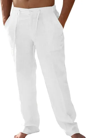 Mens Summer Casual Linen Pants Beach Elastic Drawstring Waistband Loose Fit Slacks with Pockets