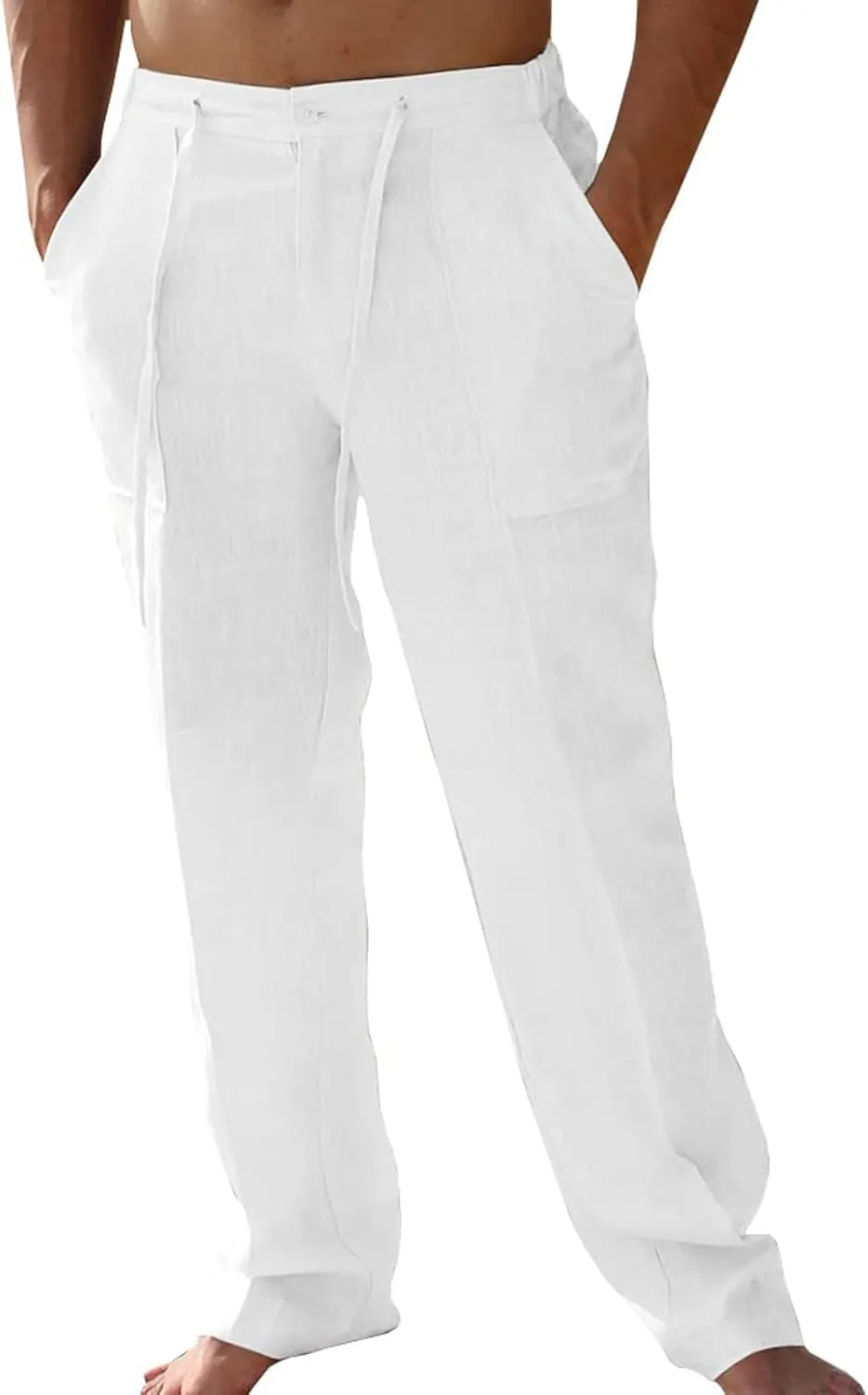 Mens Summer Casual Linen Pants Beach Elastic Drawstring Waistband Loose Fit Slacks with Pockets