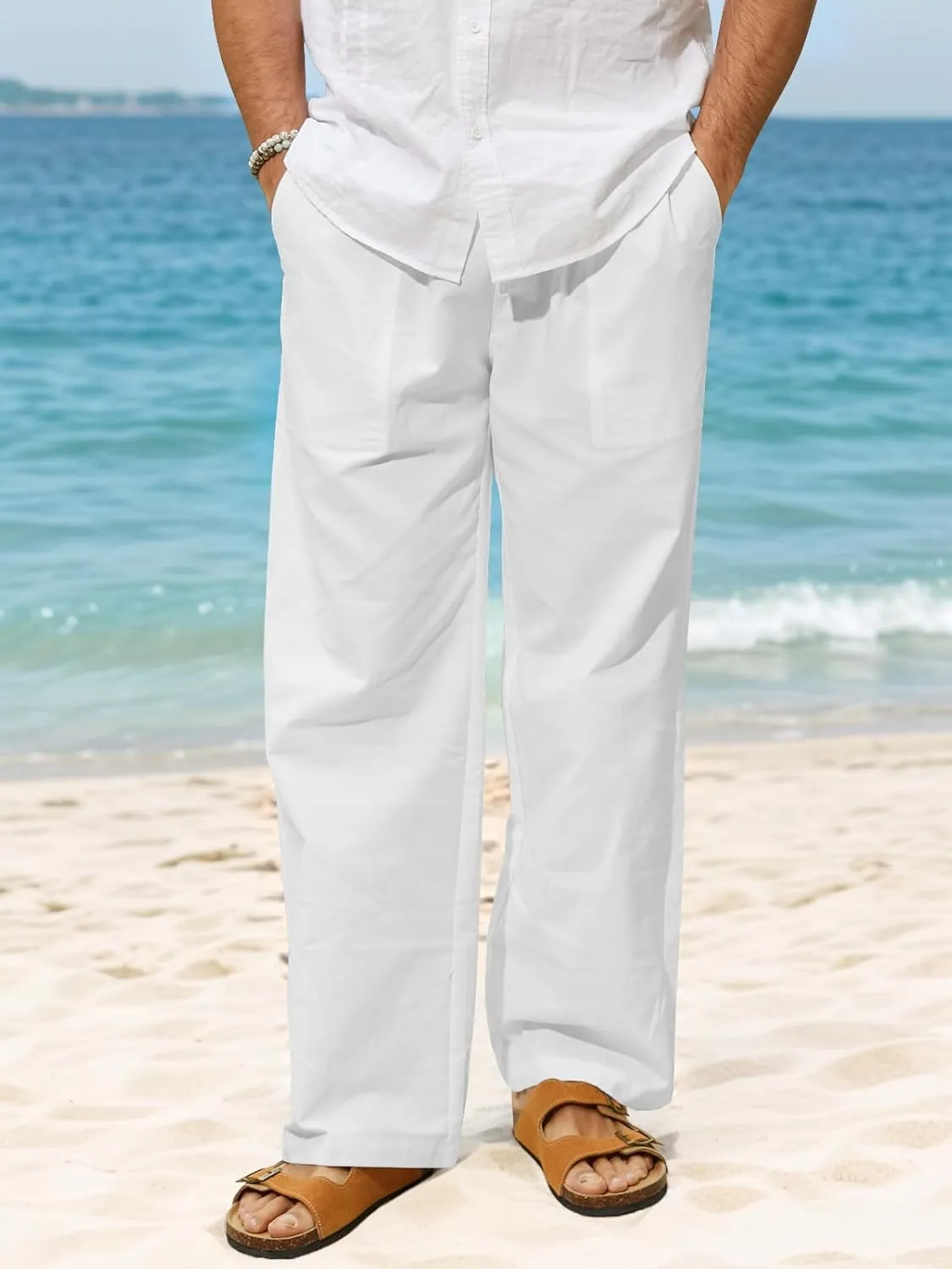 Mens Summer Casual Linen Pants Beach Elastic Drawstring Waistband Loose Fit Slacks with Pockets