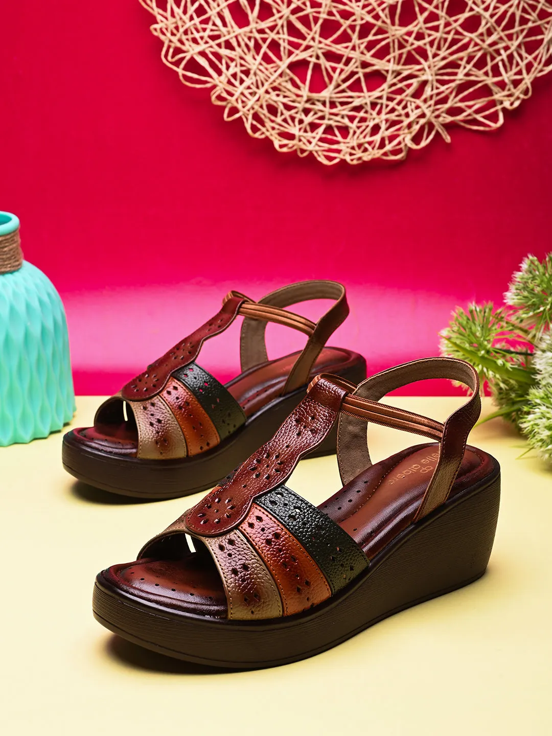 Pelle Albero Women's Latest Trendy Brown Leather Slip-On Heels Wedge Sandals