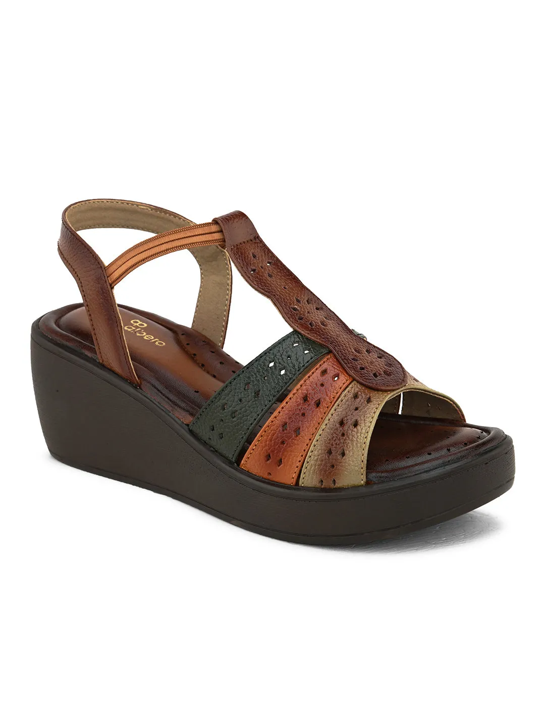 Pelle Albero Women's Latest Trendy Brown Leather Slip-On Heels Wedge Sandals