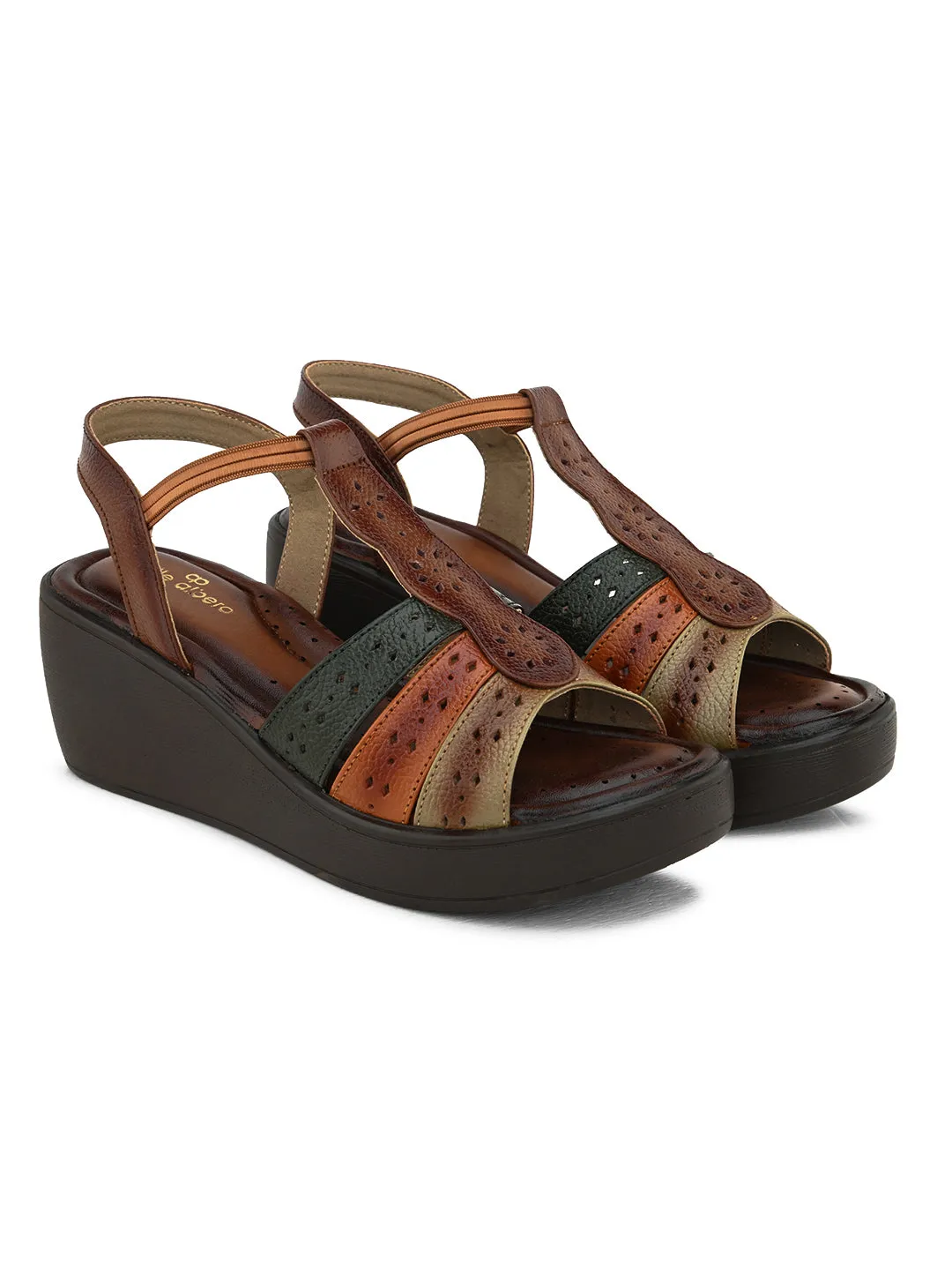 Pelle Albero Women's Latest Trendy Brown Leather Slip-On Heels Wedge Sandals