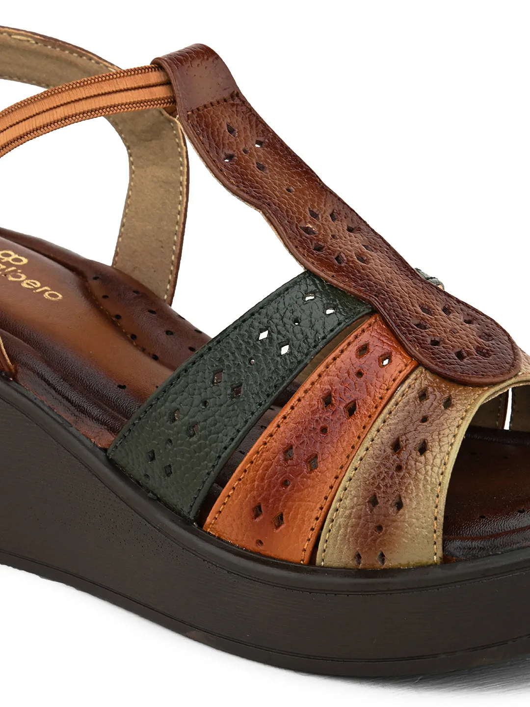 Pelle Albero Women's Latest Trendy Brown Leather Slip-On Heels Wedge Sandals