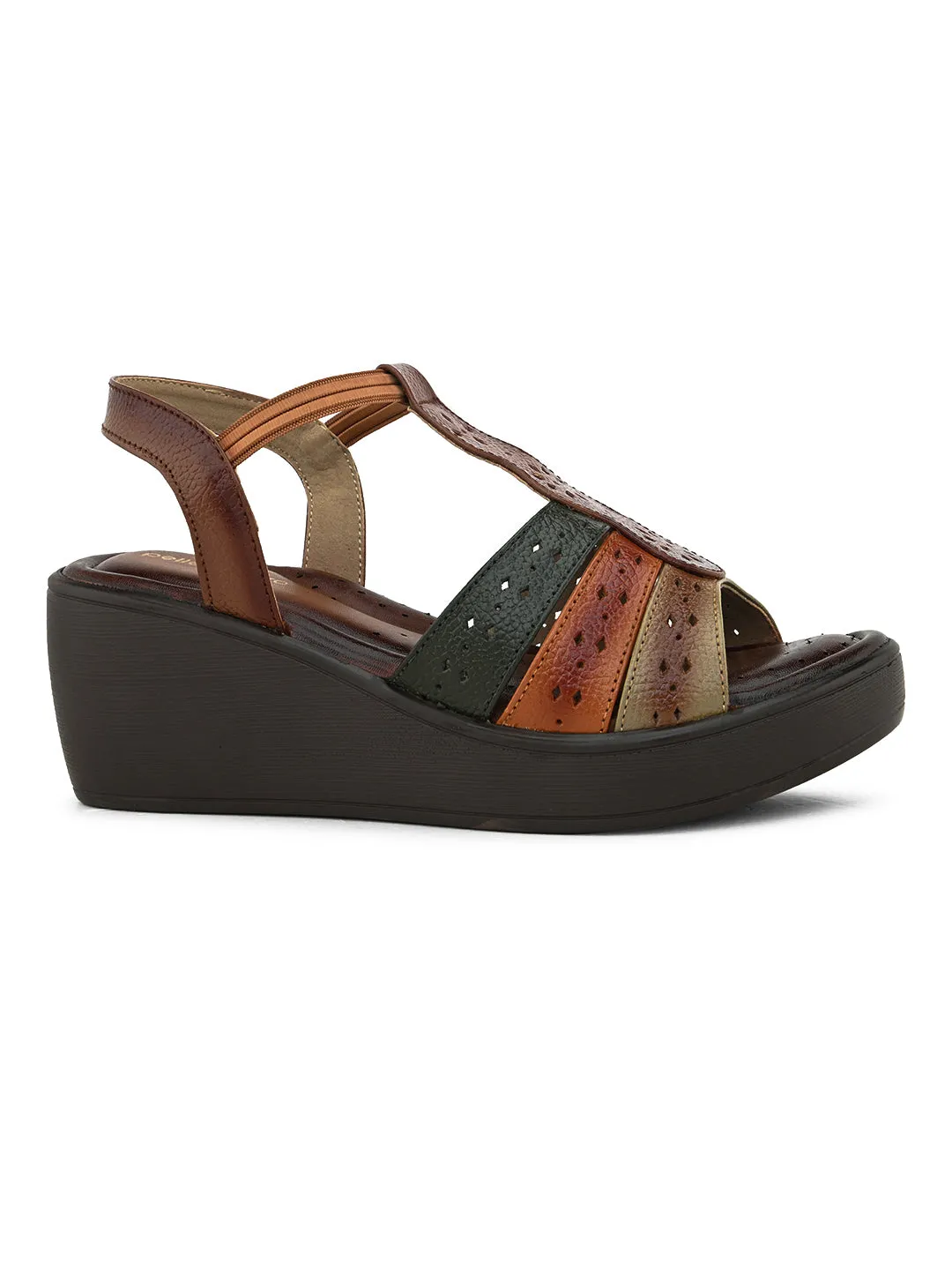 Pelle Albero Women's Latest Trendy Brown Leather Slip-On Heels Wedge Sandals