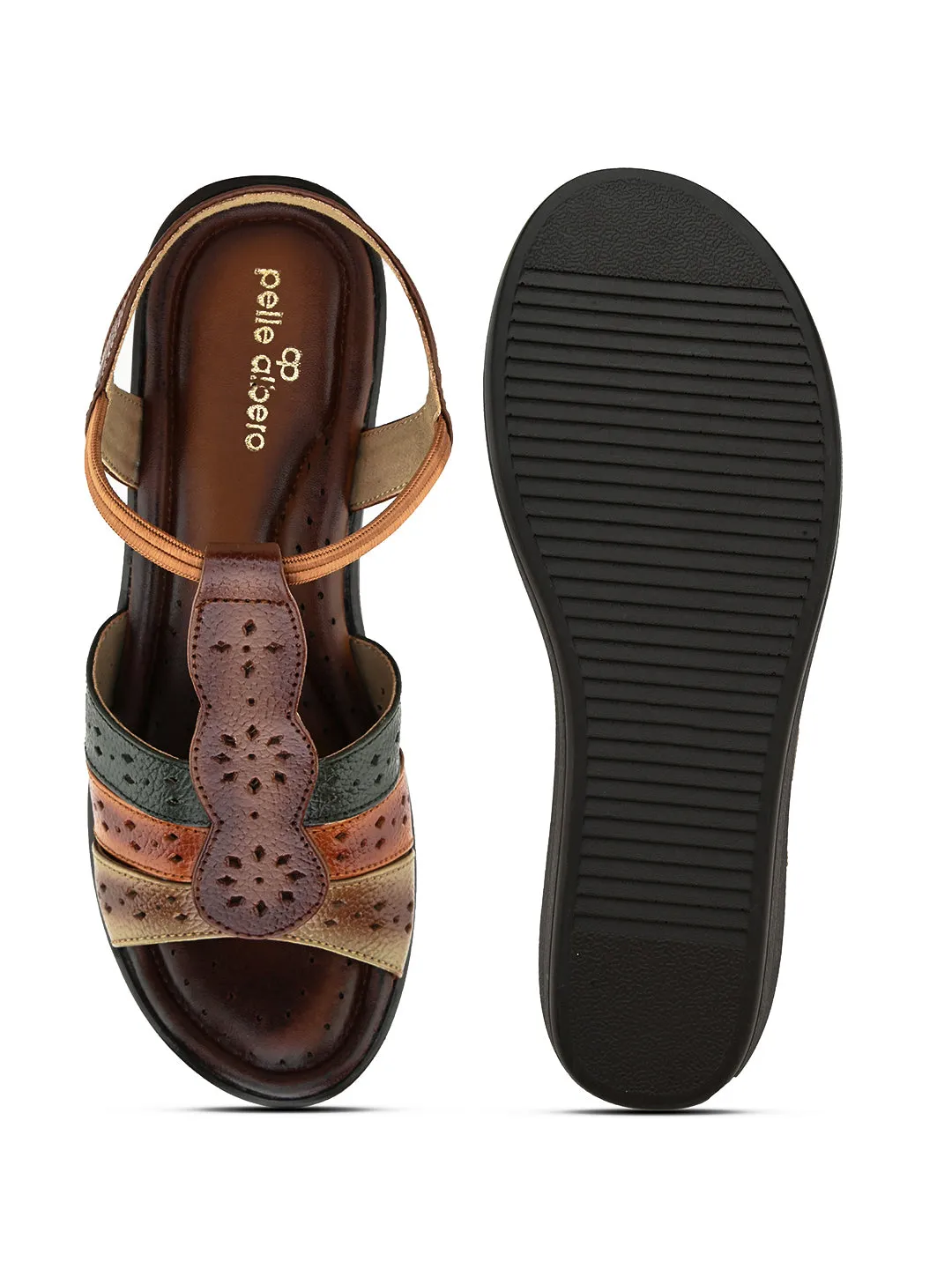 Pelle Albero Women's Latest Trendy Brown Leather Slip-On Heels Wedge Sandals