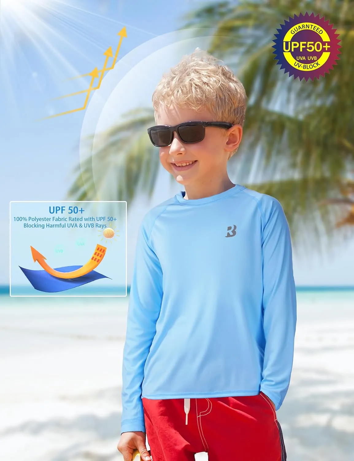 Roadbox Boys UPF 50  Rash Guard Swim Shirt, Kids Long Sleeve Sun Protection Shirts, Youth UV Athletic Beach Rashguard