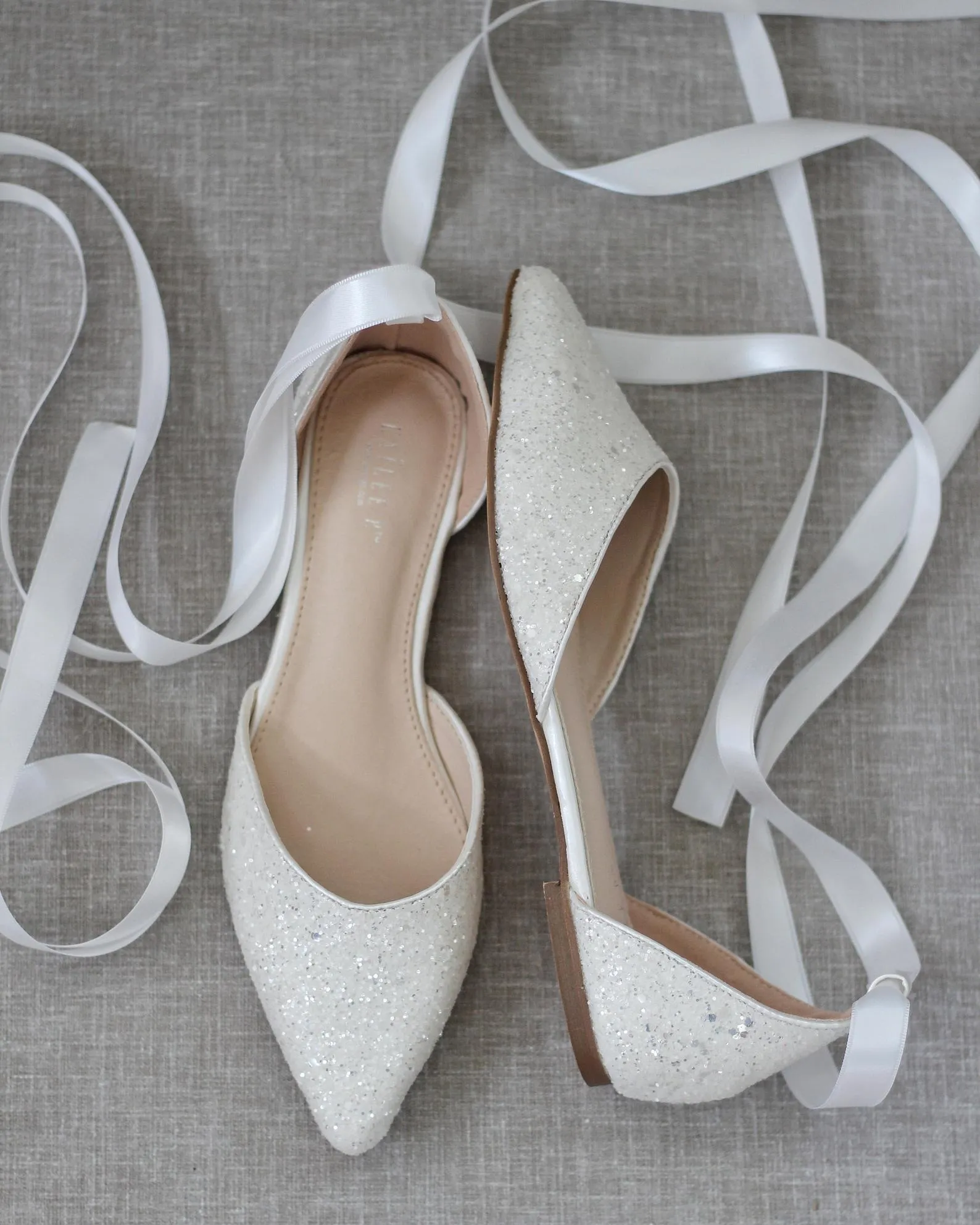 Rock Glitter Pointy Toe Flats with Satin Ankle Tie or Ballerina Lace Up