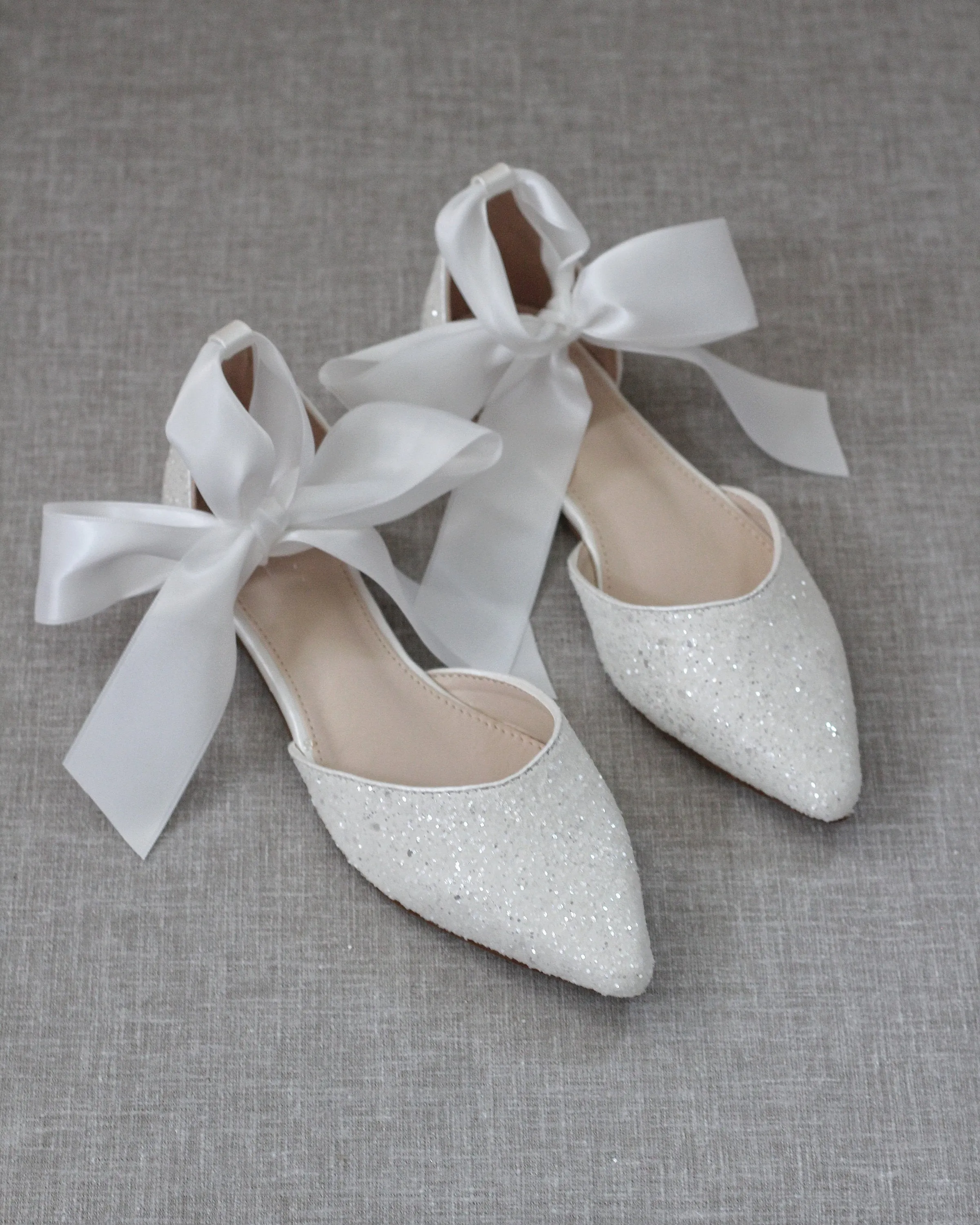 Rock Glitter Pointy Toe Flats with Satin Ankle Tie or Ballerina Lace Up