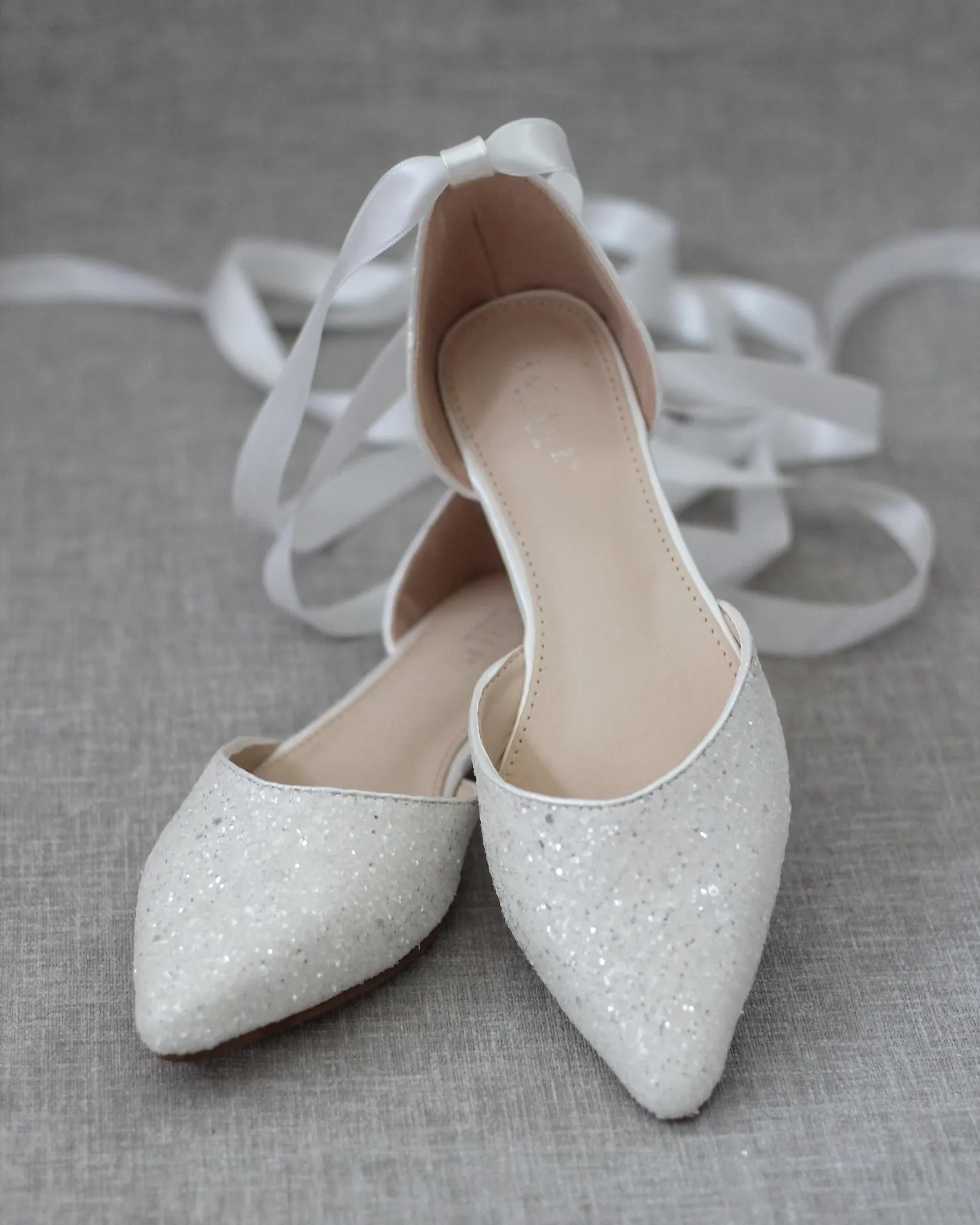 Rock Glitter Pointy Toe Flats with Satin Ankle Tie or Ballerina Lace Up