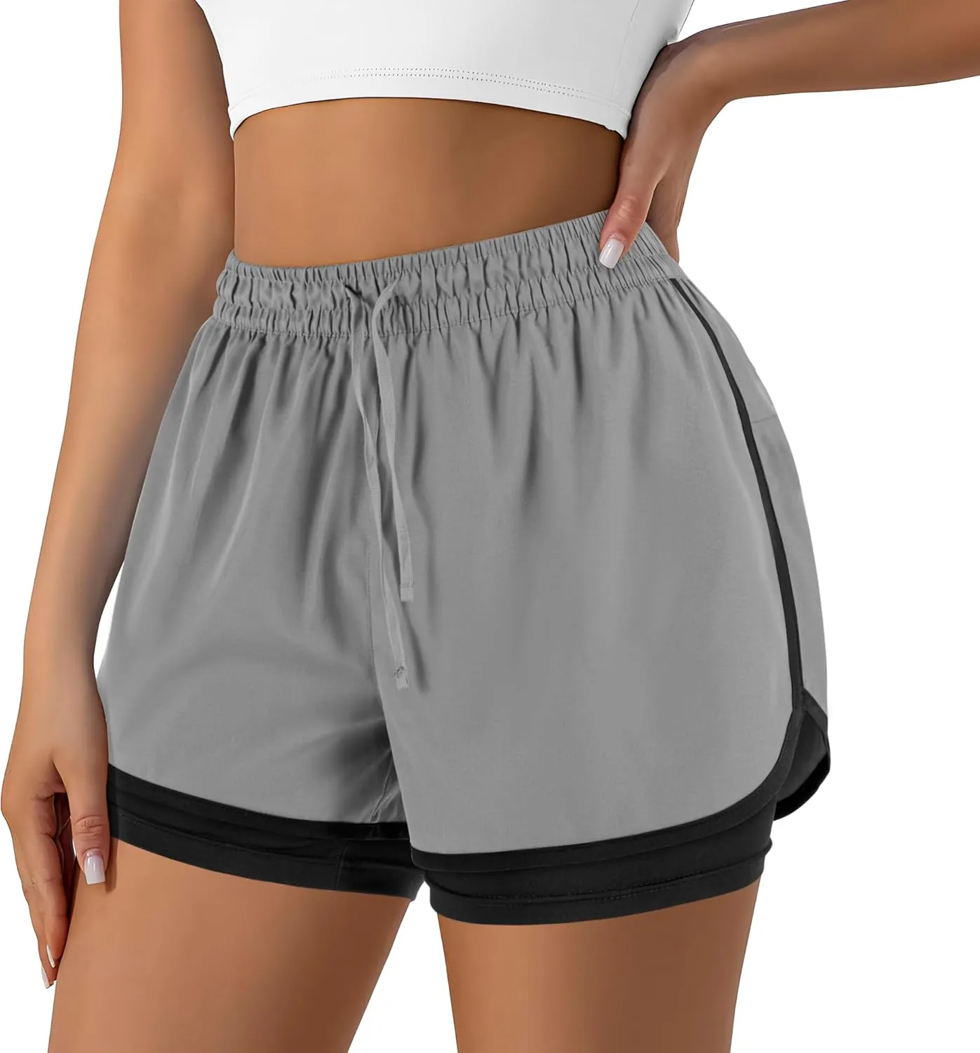 Women's 2 in 1 Running Shorts for Gym Yoga Workout Athletic Shorts High-Waisted Shorts with Liner Pockets